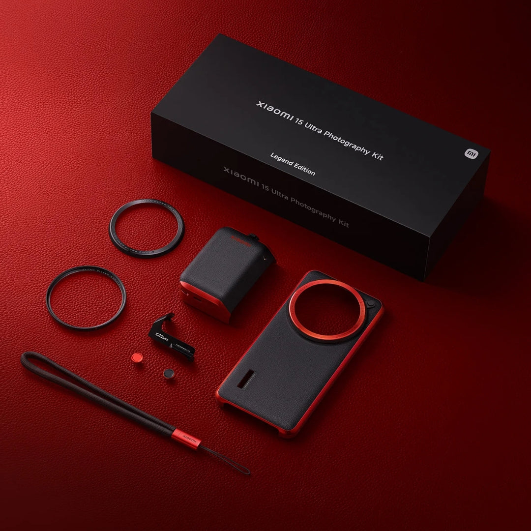 Xiaomi 15 Ultra Photography Kit Legends Edition unboxed on a red background