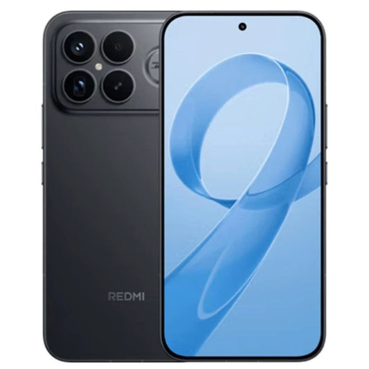 Black Redmi smartphone showing back and front views on a white background