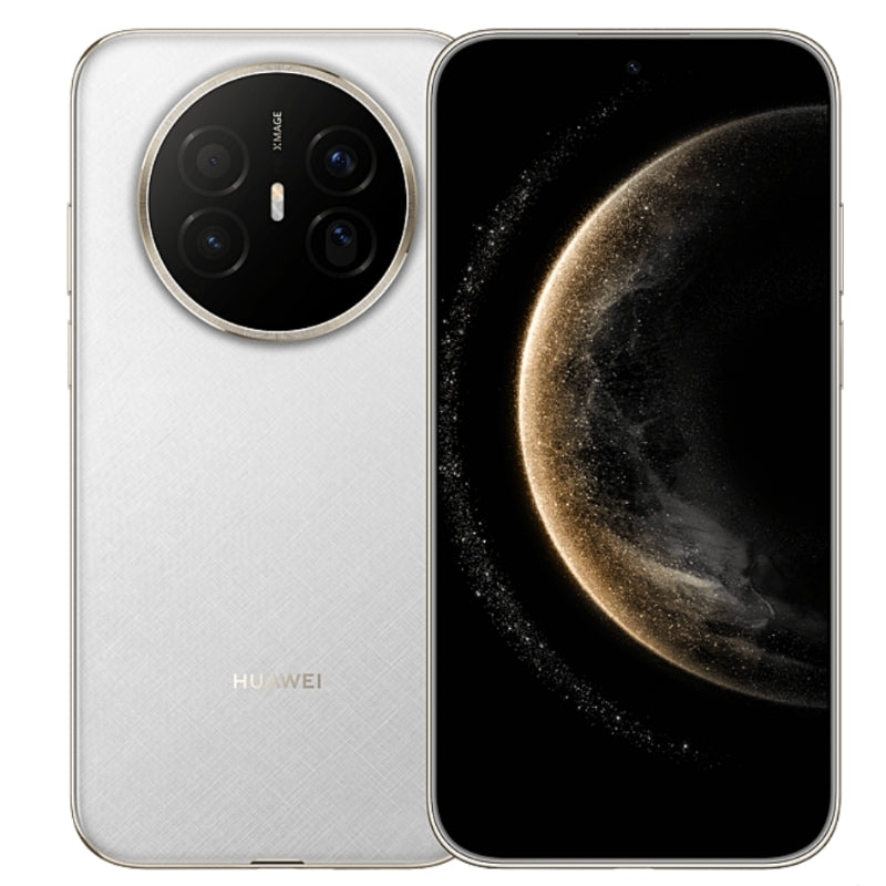 White smartphone with camera module and 'HUAWEI' branding, showing screen with celestial design.