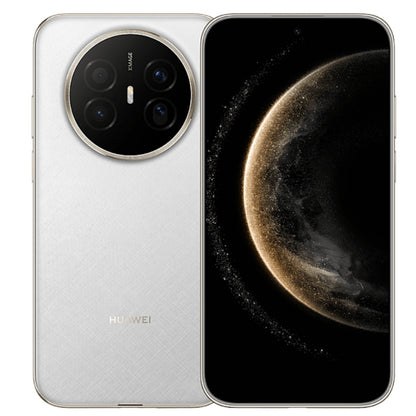 White smartphone with camera module and 'HUAWEI' branding, showing screen with celestial design.