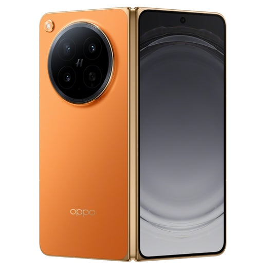 Orange Oppo smartphone with a reflective screen on a white background
