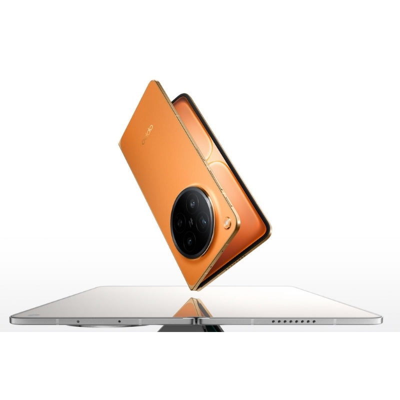 Orange Oppo smartphone with a reflective surface on a white background