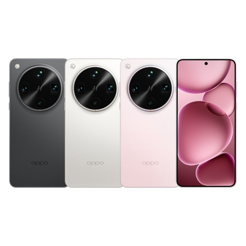 Four Oppo smartphones in different colors on a white background