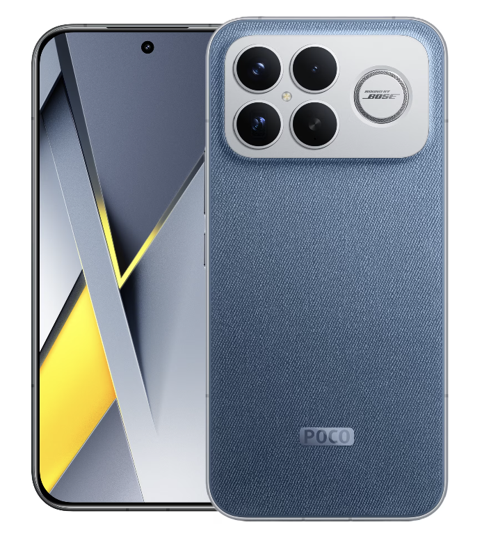 Smartphone with blue fabric back cover on a white background