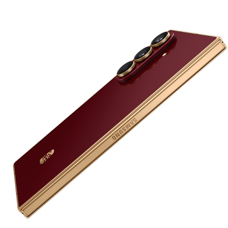 Samsung smartphone with red back and gold edges on a white background