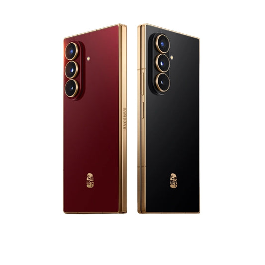 Two smartphones, one red and one black, on a white background