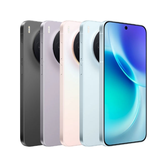 Five smartphones in different colors on a white background