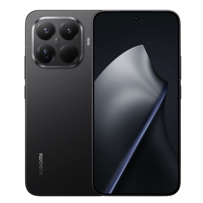 Black Xiaomi smartphone showing back and front views on a white background