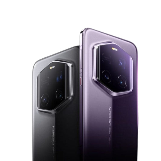 Assortment of Honor magic 7 RSR Porsche design smartphones in purple and black displayed side by side