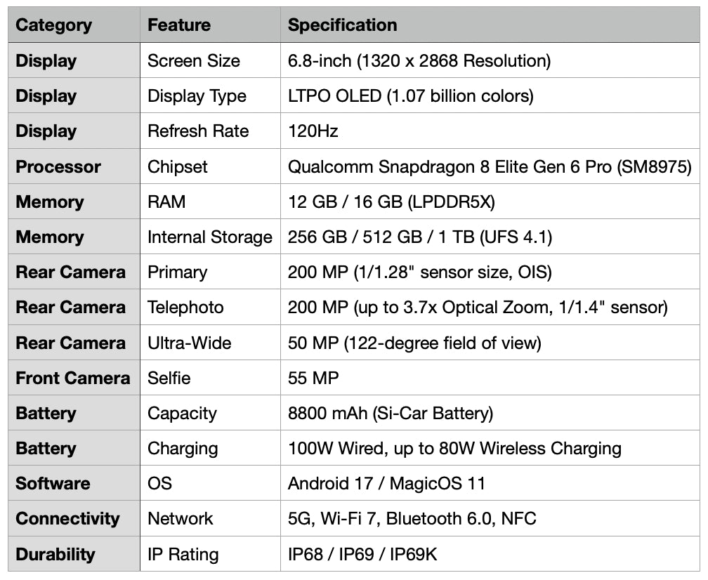 Detailed specifications